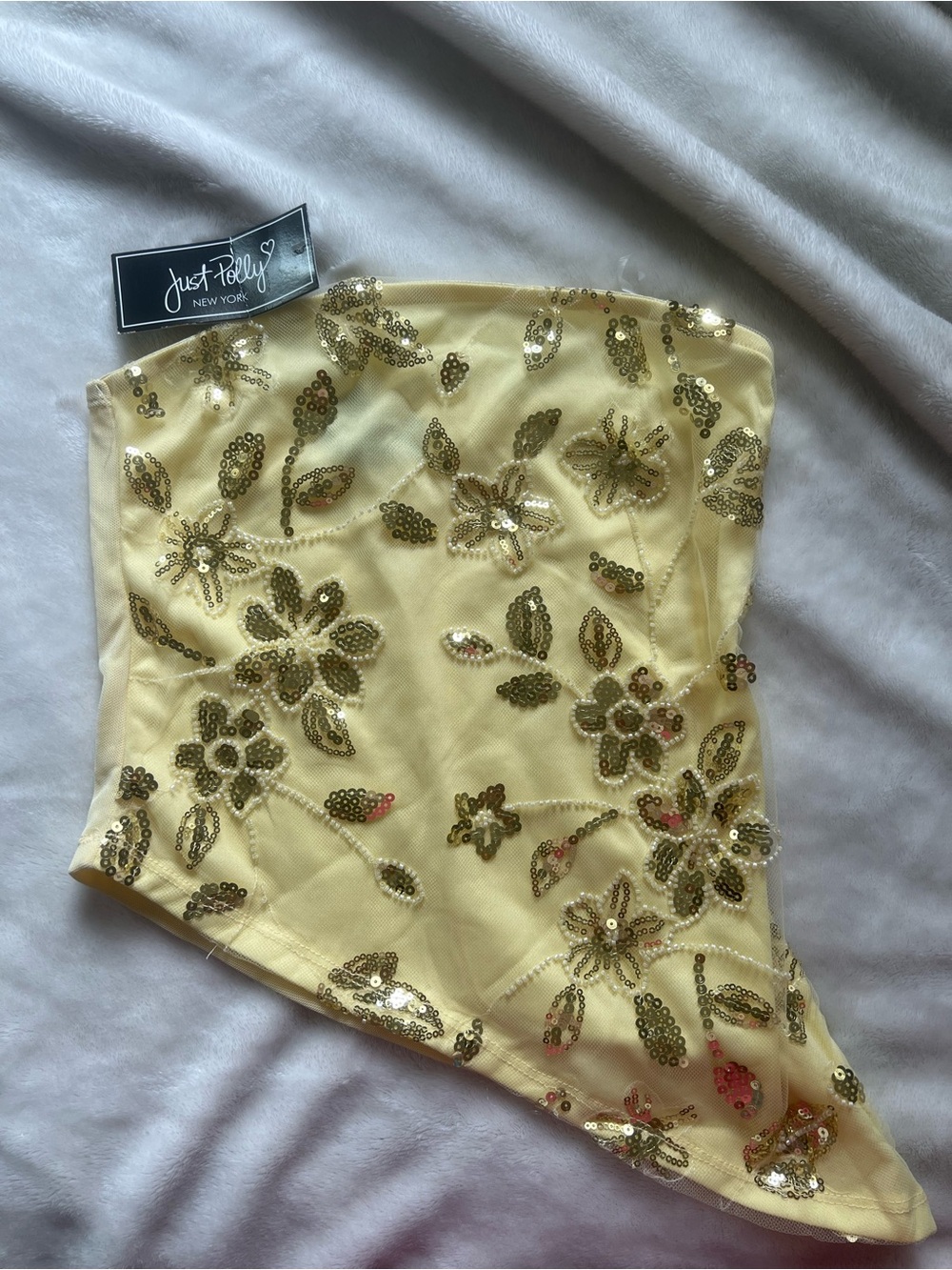 Yellow Sequin Floral Embellished tube top